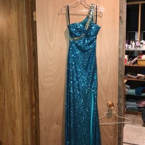 Turquoise sequin prom dress
